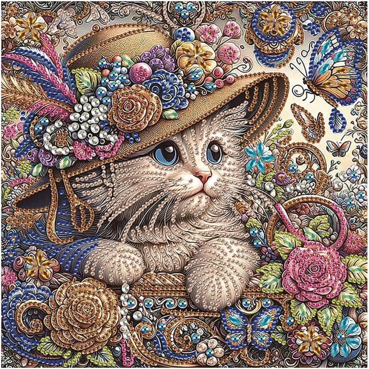 Special Shape Cats Diamond Art Painting Kit for Adults – Butterfly & Flower Design, 12×12 inch / 30×30 cm